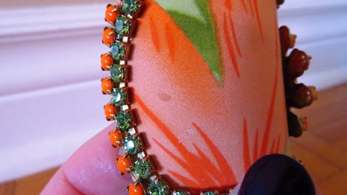 Vintage 1960s Art Deco Bangle - Silk, Rhinestones, Gold Shell - photo 5