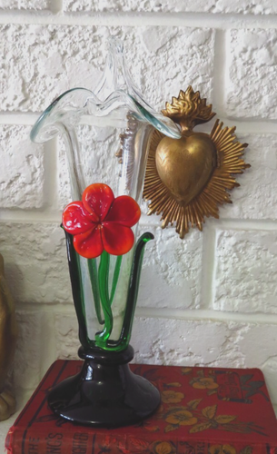 Vintage Murano 80s Orange Flower Vase - Handblown Art