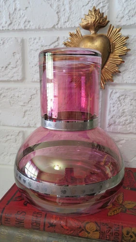 Vtg Bombay Lavender Glass Tumble Up Carafe wGlass Silver Trim