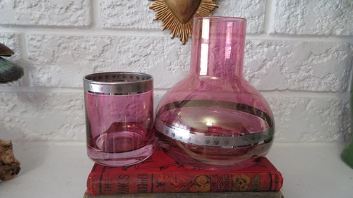 Vtg Bombay Lavender Glass Tumble Up Carafe wGlass Silver Trim - photo 3