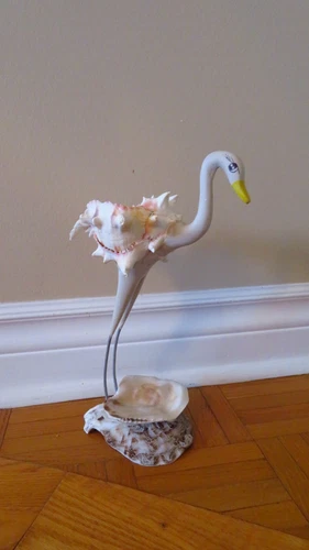 Mid Century Metal & Seashell Bird Sculpture w/ Ostrich Head