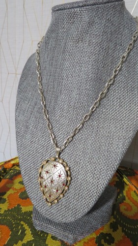 Vtg signed Prestige pendant necklace 1960 ruby red crystal silve