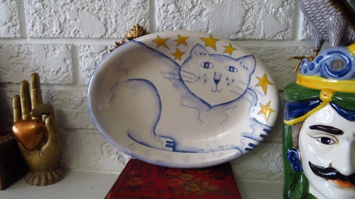 VTG Ceramic 1992 Plate with Cat and Stars, Oval Plate