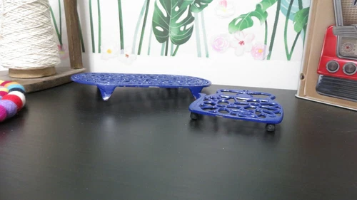 2 Blue Cast Iron Teapot & Trivet Set