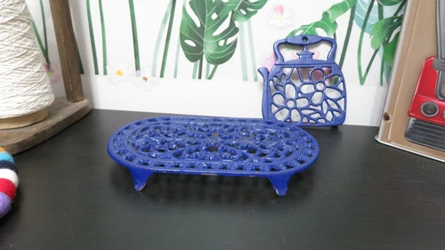 2 Blue Cast Iron Teapot & Trivet Set - photo 2
