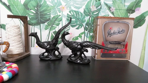 2 Mid-Century Look Vintage Ceramic Birds, Art Pottery Black Peac
