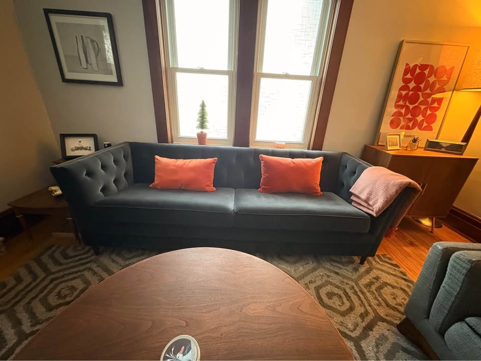 Dark grey/blue velvet tufted sofa