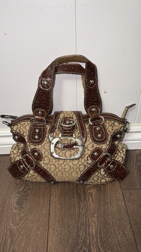 Vintage GUESS Monogram Satchel Bag - Brown Tan Trim Y2K Retro Si