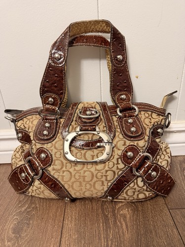 Vintage GUESS Monogram Satchel Bag - Brown Tan Trim Y2K Retro Si - photo 2