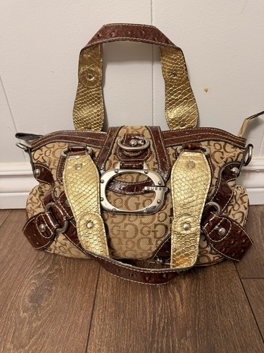 Vintage GUESS Monogram Satchel Bag - Brown Tan Trim Y2K Retro Si - photo 3