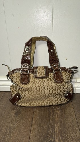 Vintage GUESS Monogram Satchel Bag - Brown Tan Trim Y2K Retro Si - photo 5