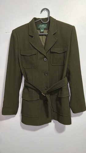 Lauren Ralph Lauren Olive Green Belted Field Jacket Blazer Wool - photo 4