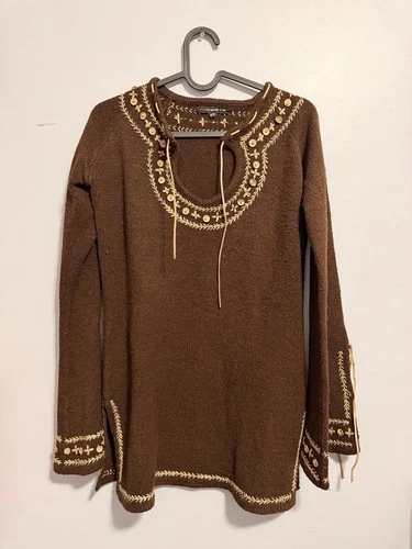 SOYA Boho Embroidered Tunic Sweater Brown Medium M Wooden Beads - photo 2