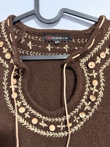 SOYA Boho Embroidered Tunic Sweater Brown Medium M Wooden Beads - photo 3