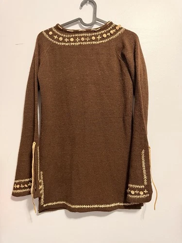 SOYA Boho Embroidered Tunic Sweater Brown Medium M Wooden Beads - photo 5