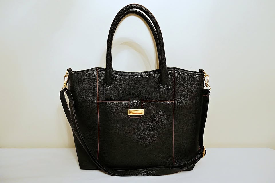 NEW Black Faux Leather Tote Bag Purse w/ Detachable Strap