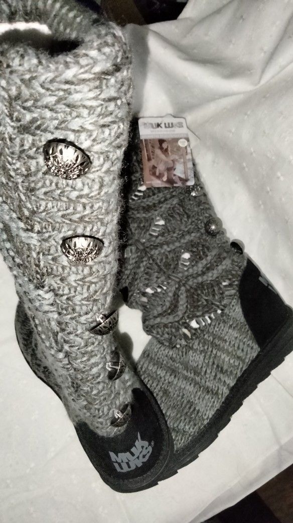 Muk Luks Knit Grey Water Resistant Memory Foam Insole Boots - Si