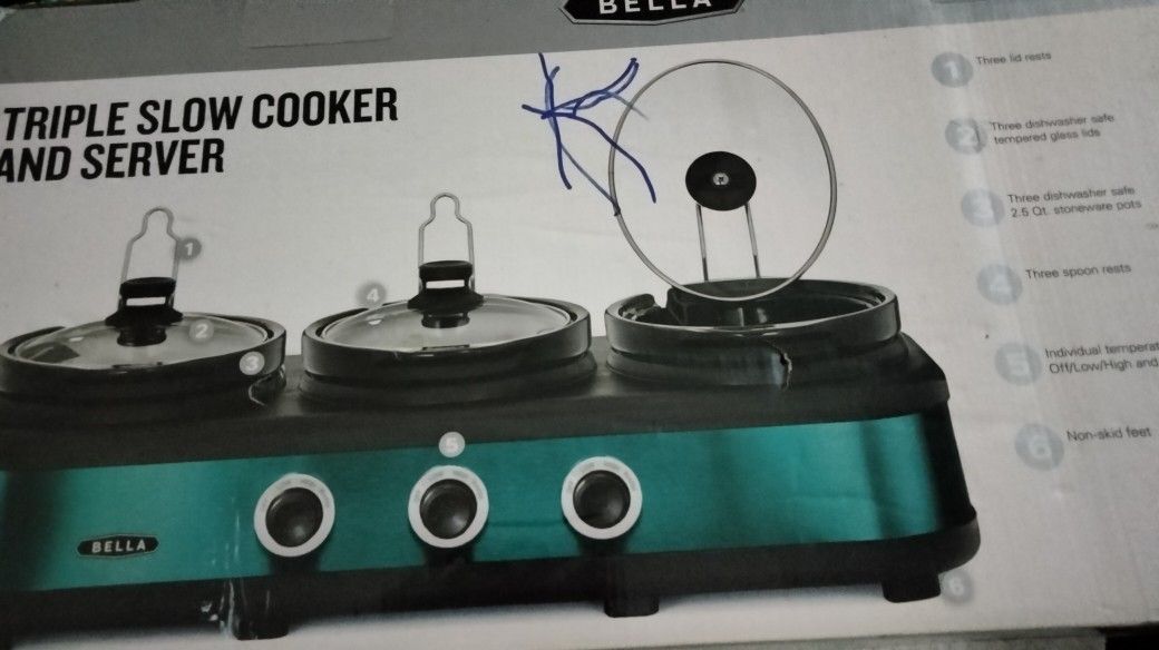 BELLA Triple Slow Cooker - 3 Spoon & Lid Rest Included