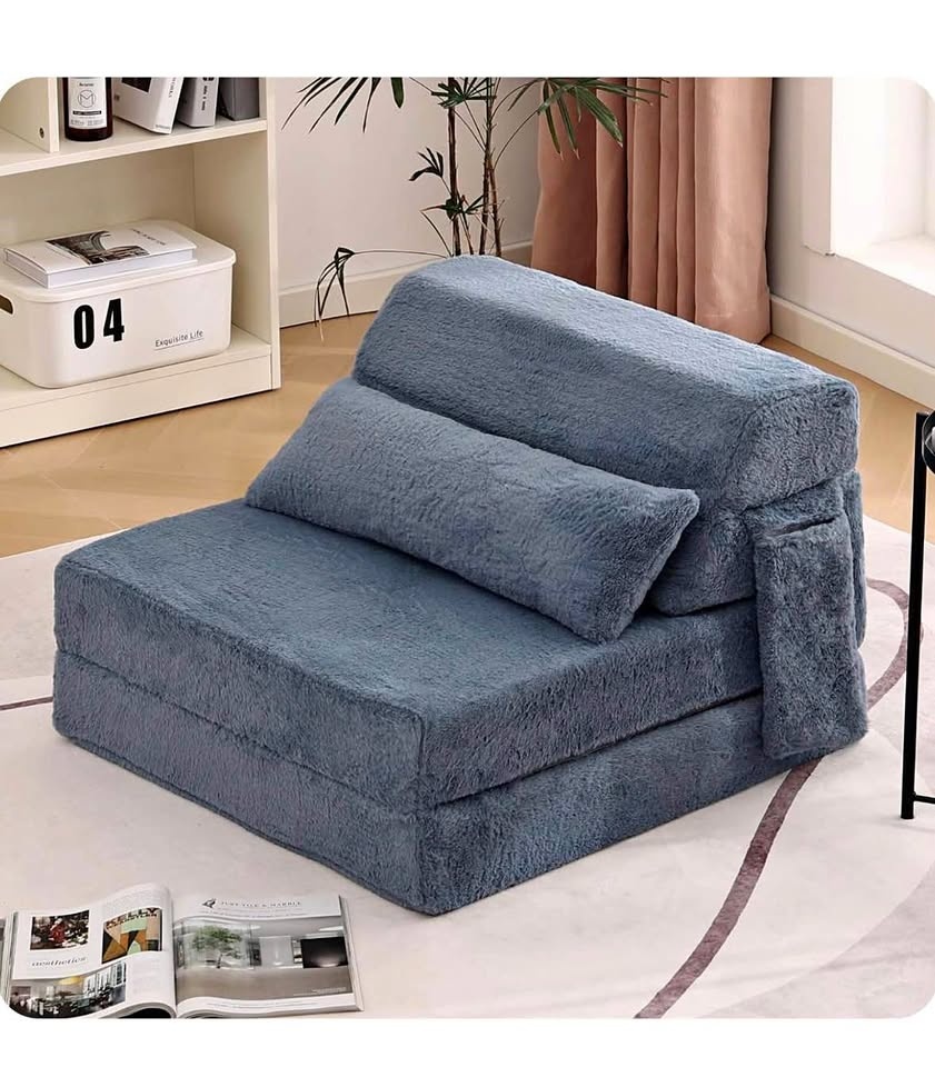Fuzzy Blue Foldable Floor Sofa Bed w/ Pillow