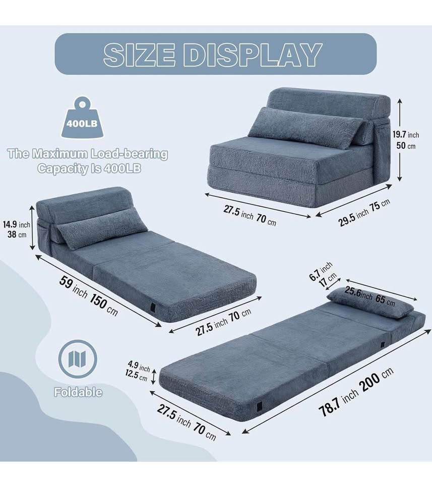 Fuzzy Blue Foldable Floor Sofa Bed w/ Pillow - photo 2