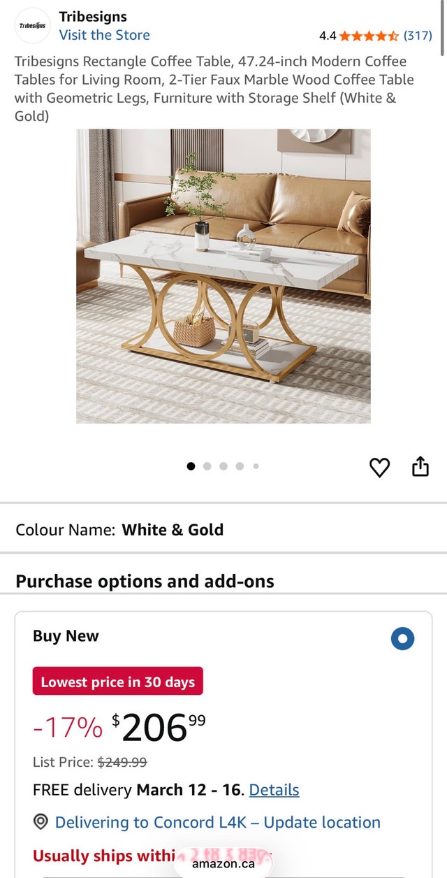 Tribesigns 47” Modern Faux Marble Coffee Table, 2-Tier White & G