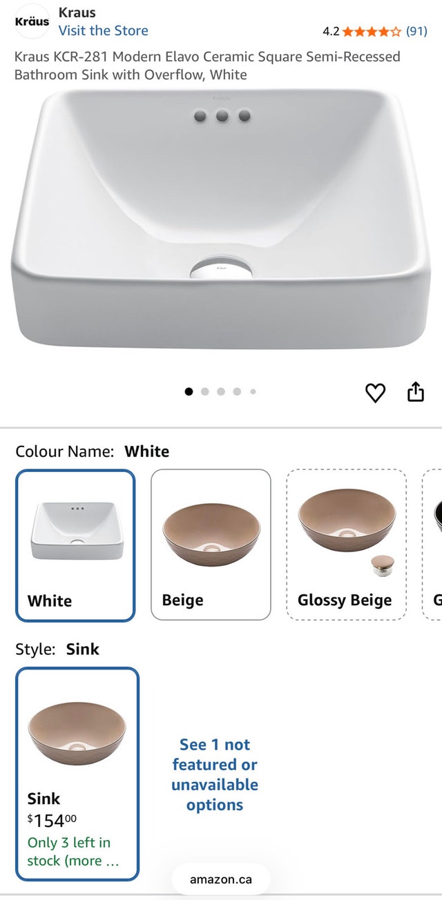 Kraus Elavo Square Semi-Recessed Bathroom Sink - White (KCR-281)