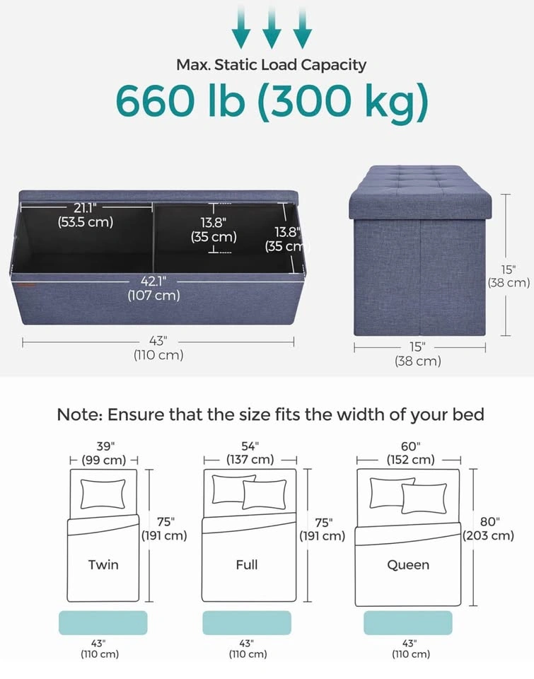110cm Folding Storage Ottoman Bench - Misty Blue - photo 3