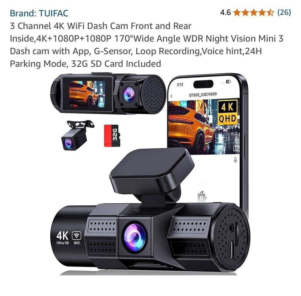 New in Box 3-Channel 4K Dash Cam (Front/Rear/Inside)