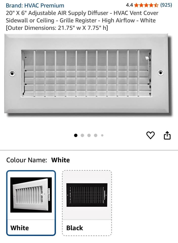 New HVAC Premium Adjustable Supply Diffuser - 20" X 6"