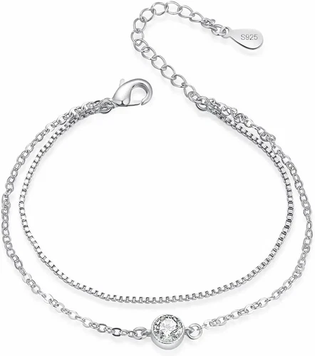 925 Sterling Silver Bracelet Double Chain White Gold Plate Cubic