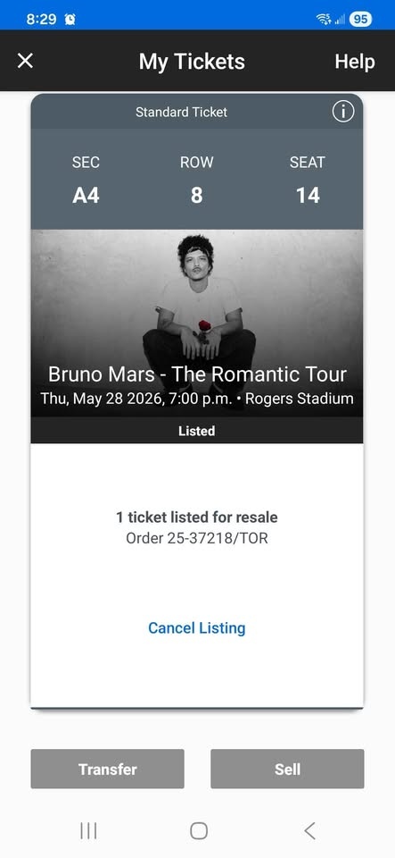 BRUNO MARS FRONT OF STAGE CONCERT TICKET A4 ROW 8 - photo 2