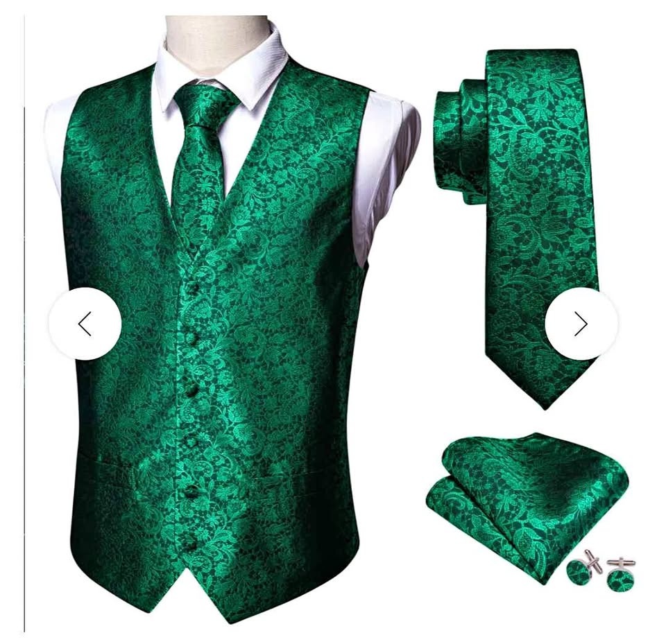 Brand new Emerald Green formal waistcoat, necktie, cufflinks & p