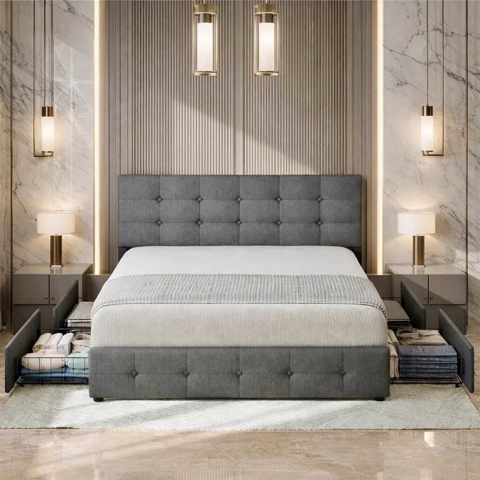 Grey Fabric Tufted Bed w/ 4 Storage Drawers - BRAND NEW