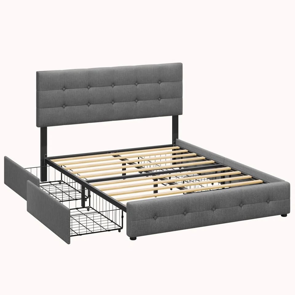 Grey Fabric Tufted Bed w/ 4 Storage Drawers - BRAND NEW - photo 3