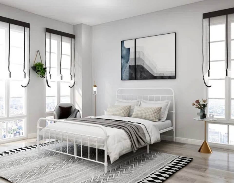 Queen White Farmhouse Metal Platform Bed - BRAND NEW