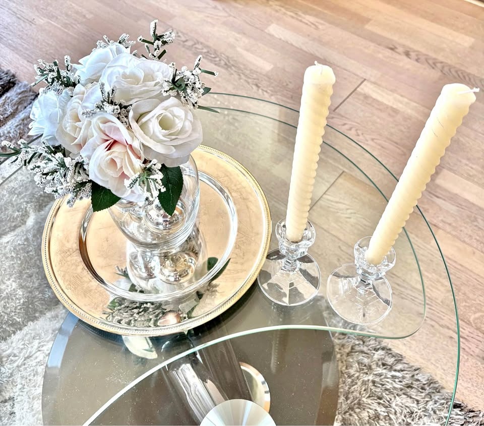 Artificial Flowers Vase Silver Tray Candle Holders Candles Decor