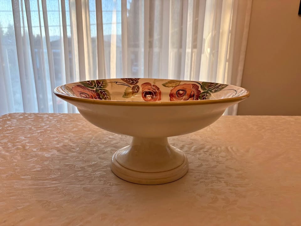 Antica Fornacia Italian Ceramic Rose Floral Pedestal Bowl