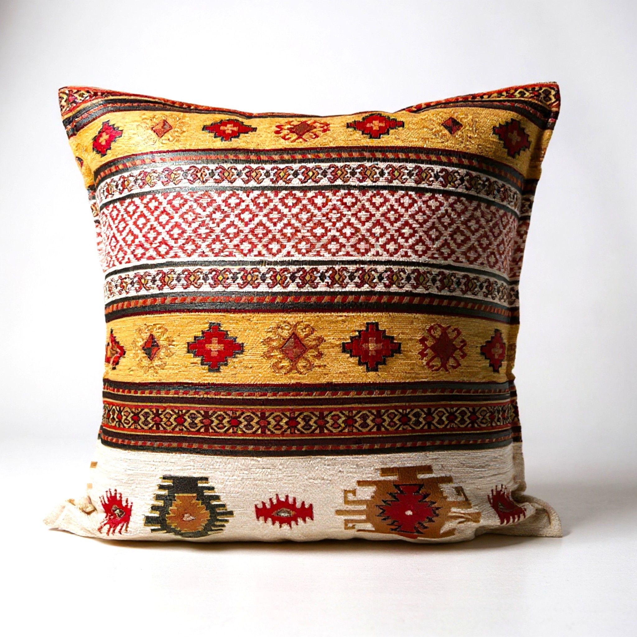 Chenille Kilim Pillow Cover: Boho Geometric Accent Gold Cushion