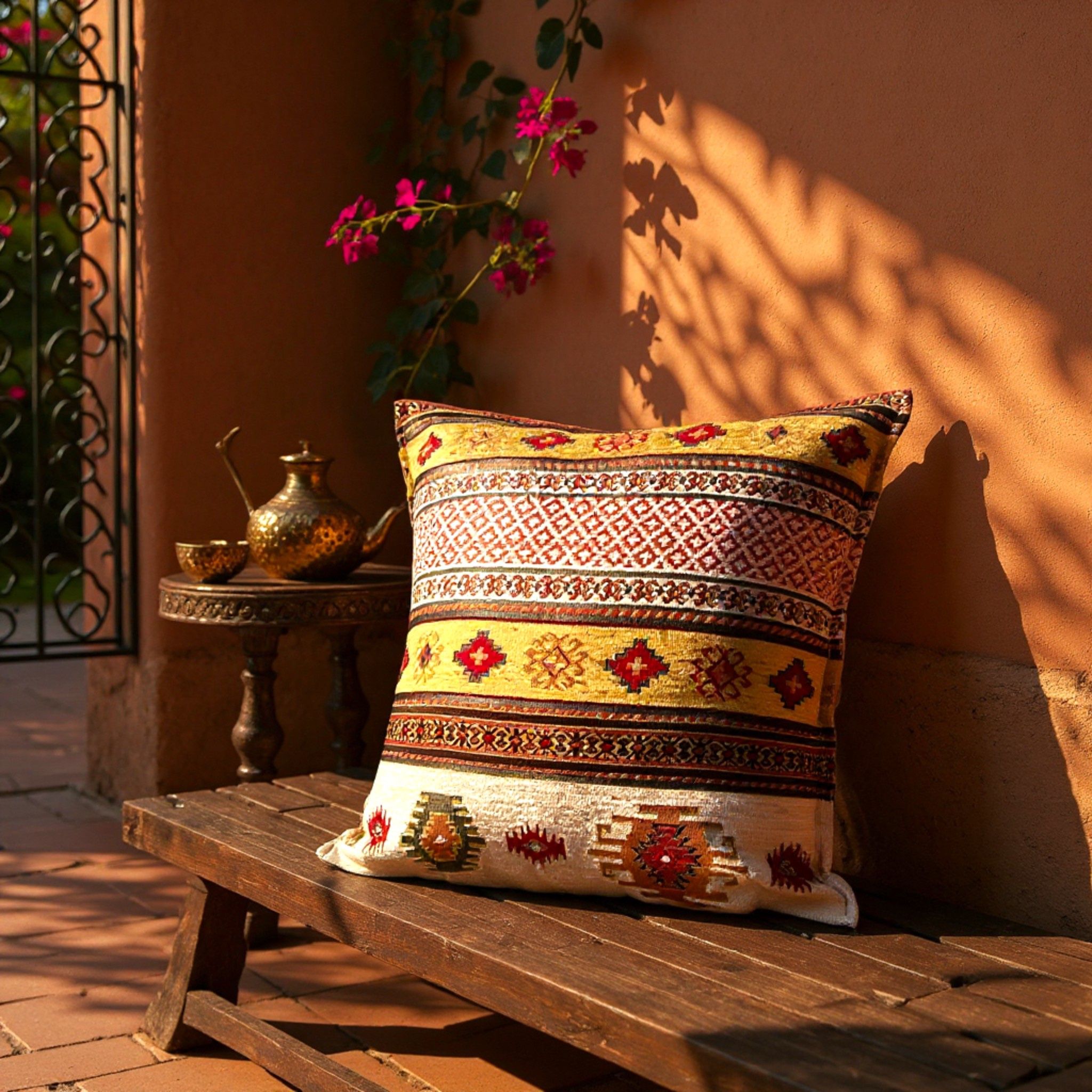 Chenille Kilim Pillow Cover: Boho Geometric Accent Gold Cushion - photo 2