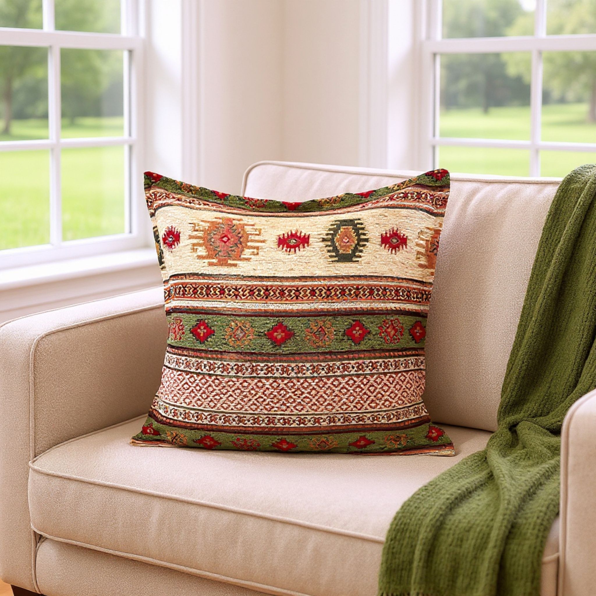 Woven Kilim Pillow Cover: Green Southwestern Boho Cushion (18-20