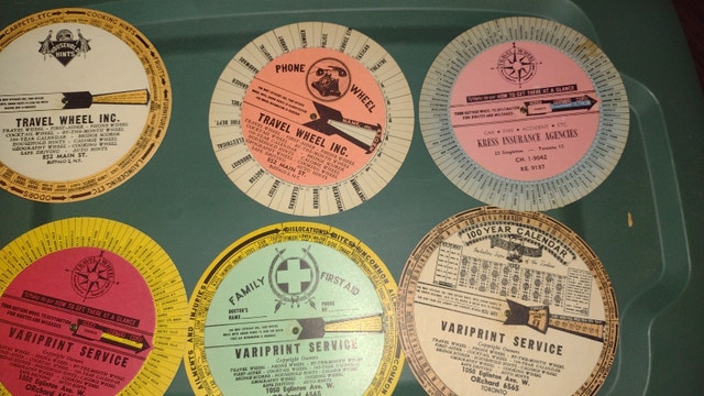 6 Vintage Information Wheels: Calendar, Travel, Phone, First Aid