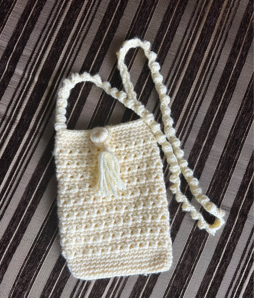 Handmade Crocheted Mini Bag Light Yellow w/ Tassel Strap - photo 2