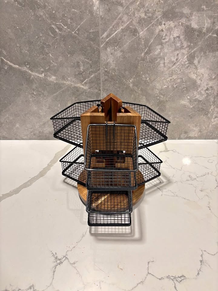 New Tea Bag Organizer Acacia Wood - iron baskets - spins 360