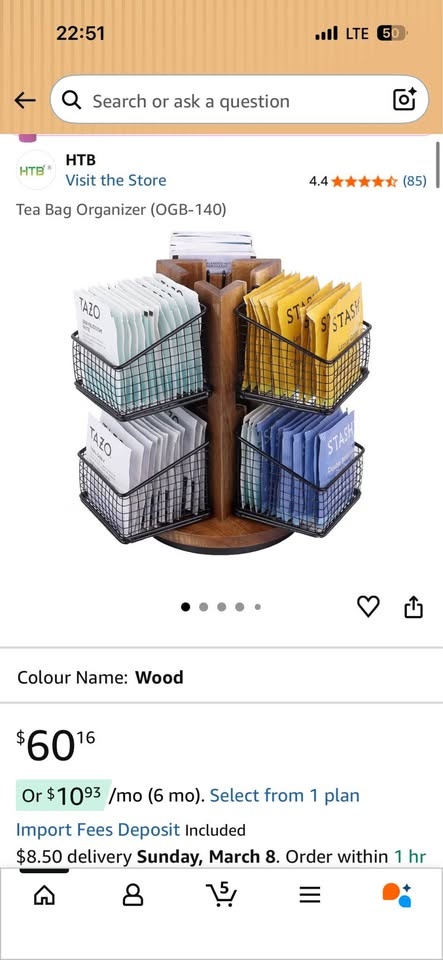 New Tea Bag Organizer Acacia Wood - iron baskets - spins 360 - photo 3