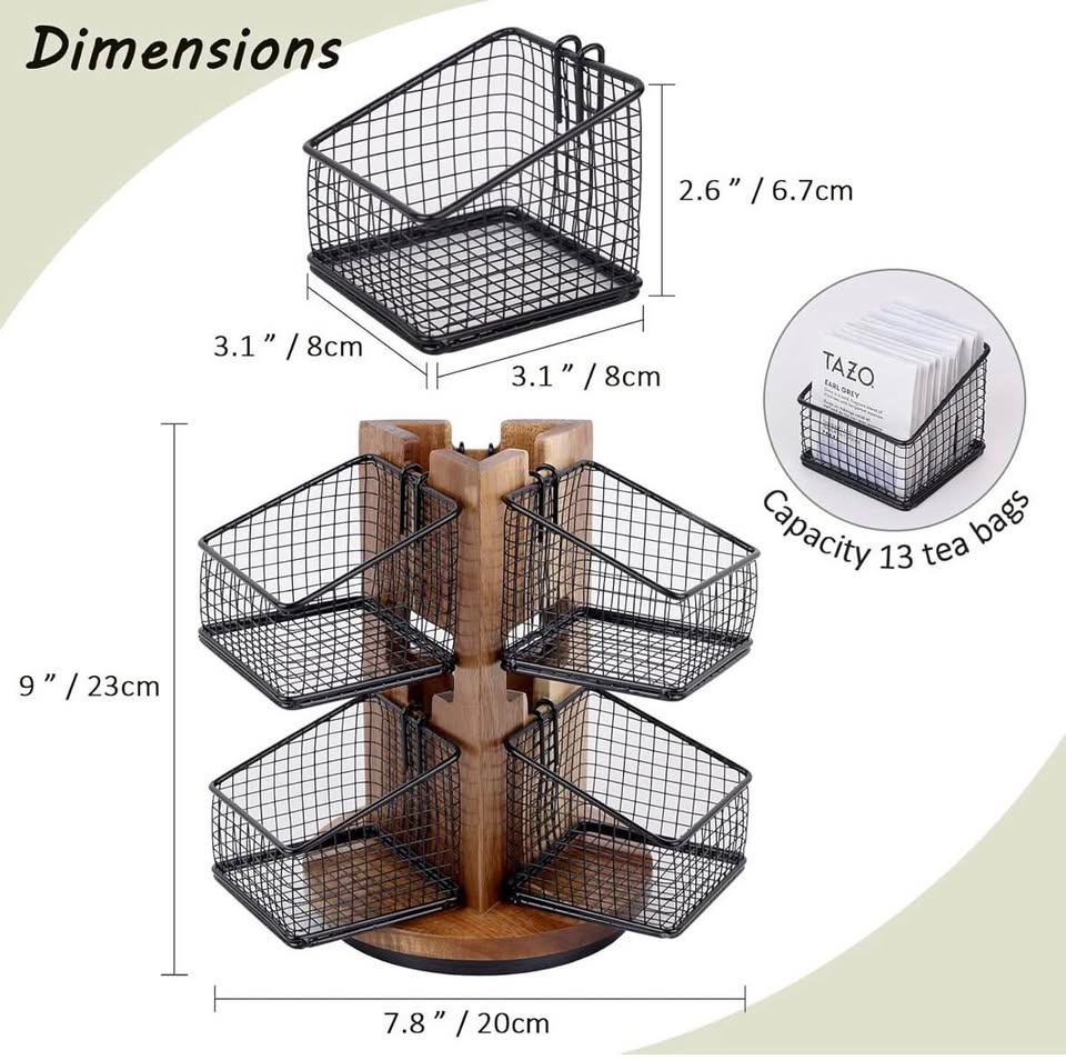 New Tea Bag Organizer Acacia Wood - iron baskets - spins 360 - photo 4