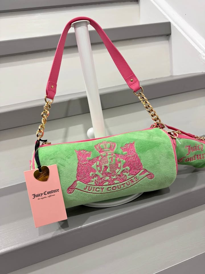 Juicy Couture NWT Green Pink Velour Barrel Bag + Mini Bag
