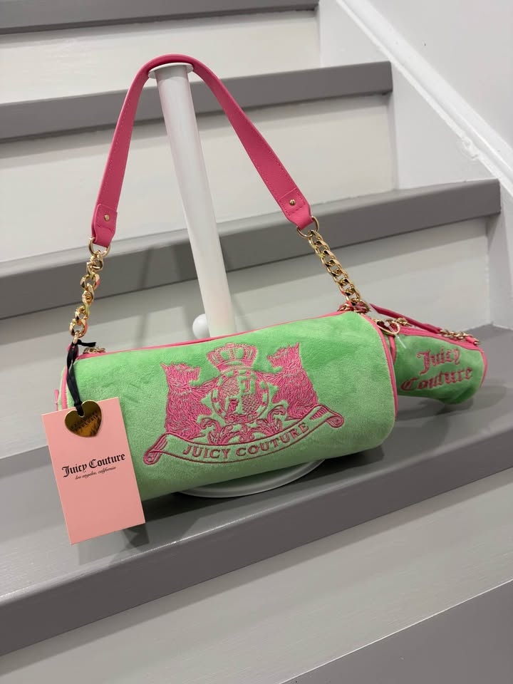 Juicy Couture NWT Green Pink Velour Barrel Bag + Mini Bag - photo 2