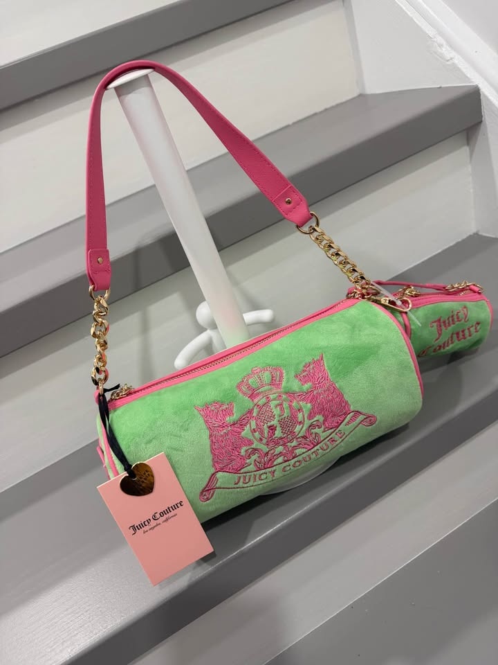 Juicy Couture NWT Green Pink Velour Barrel Bag + Mini Bag - photo 3