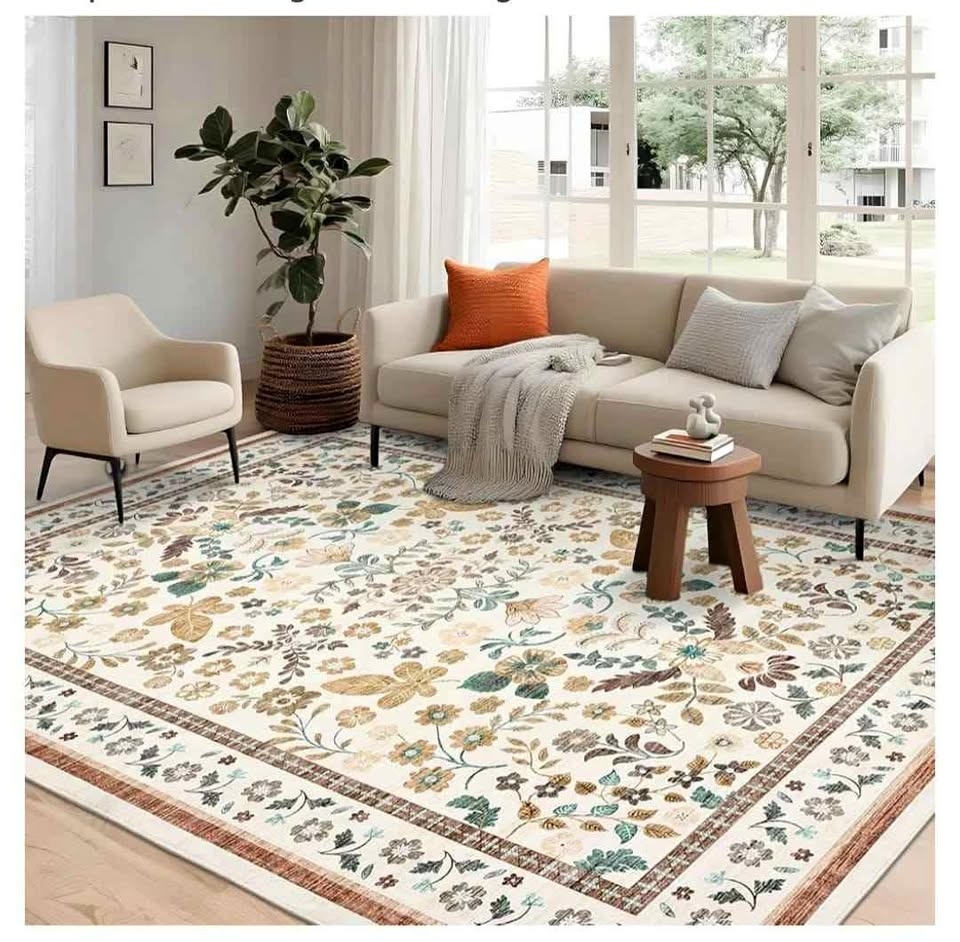9x12 Washable Area Rug - Beige Modern Floral