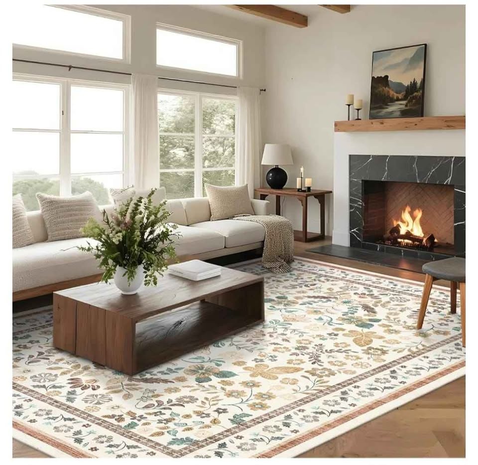 9x12 Washable Area Rug - Beige Modern Floral - photo 3